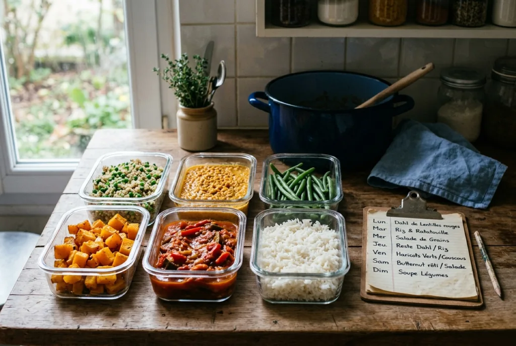 Six boites en verre de batch cooking alignees sur un plan de travail avec un menu de la semaine manuscrit