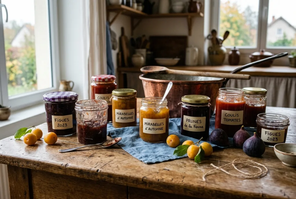 Bocaux de confitures maison etiquetes a la main sur une table en chene, bassine en cuivre et figues fraiches
