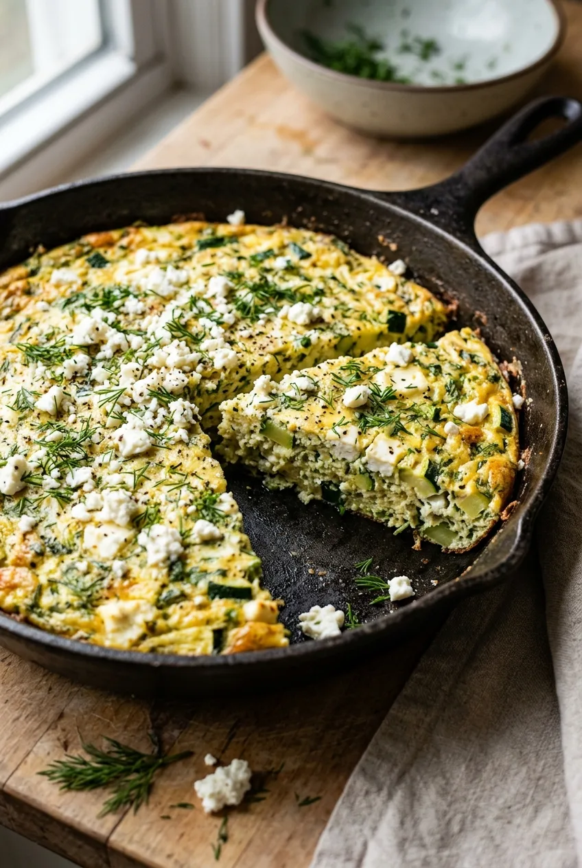 Une frittata aux courgettes et à la feta dans une poêle en fonte, une part coupée laissant voir les dés de courgette et les morceaux de feta.