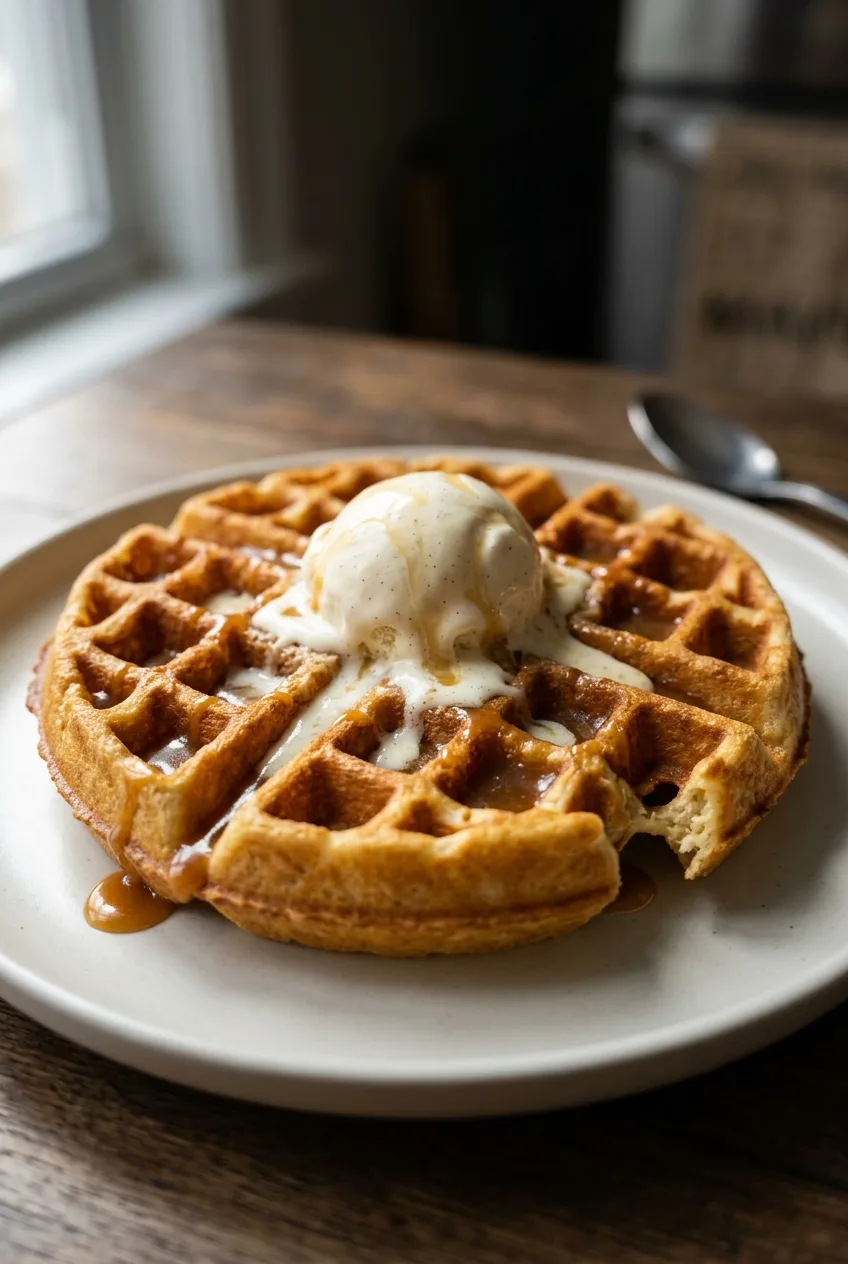 Une gaufre croustillante aux alvéoles bien marquées, un filet de caramel au beurre salé qui coule dans les creux.