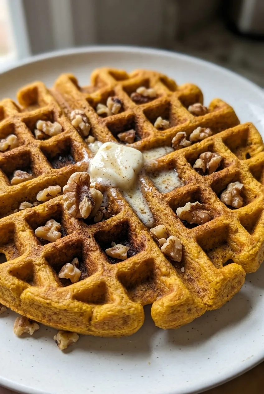 Une gaufre de potiron épicée aux alvéoles marquées, une noix de mascarpone fouetté et des noix concassées dessus.