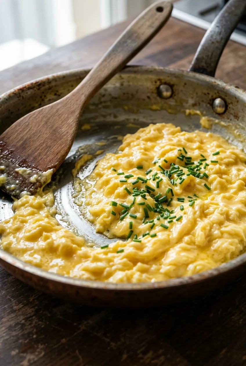 Œufs brouillés crémeux à la française encore luisants dans une casserole, spatule en bois posée sur le bord