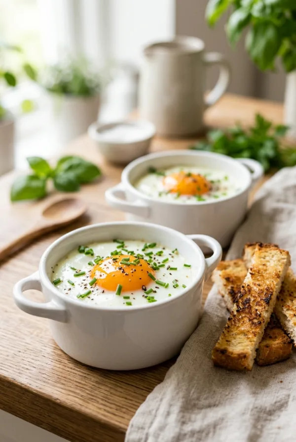 Deux ramequins d’œufs cocotte au jaune entier, avec des mouillettes de pain grillé
