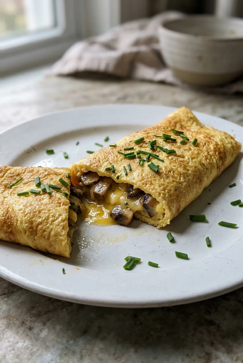 Omelette crémeuse aux champignons pliée en deux dans une poêle, coupe montrant le centre encore baveux