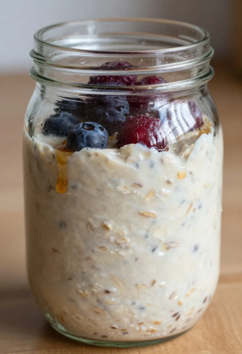 Bocal en verre d’overnight oats crémeux avec une cuillère et des fruits frais posés à côté