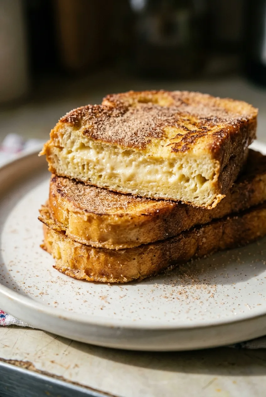 Une pile de tranches de pain perdu saupoudrées de sucre à la cannelle, la tranche du dessus coupée pour montrer l’intérieur moelleux.