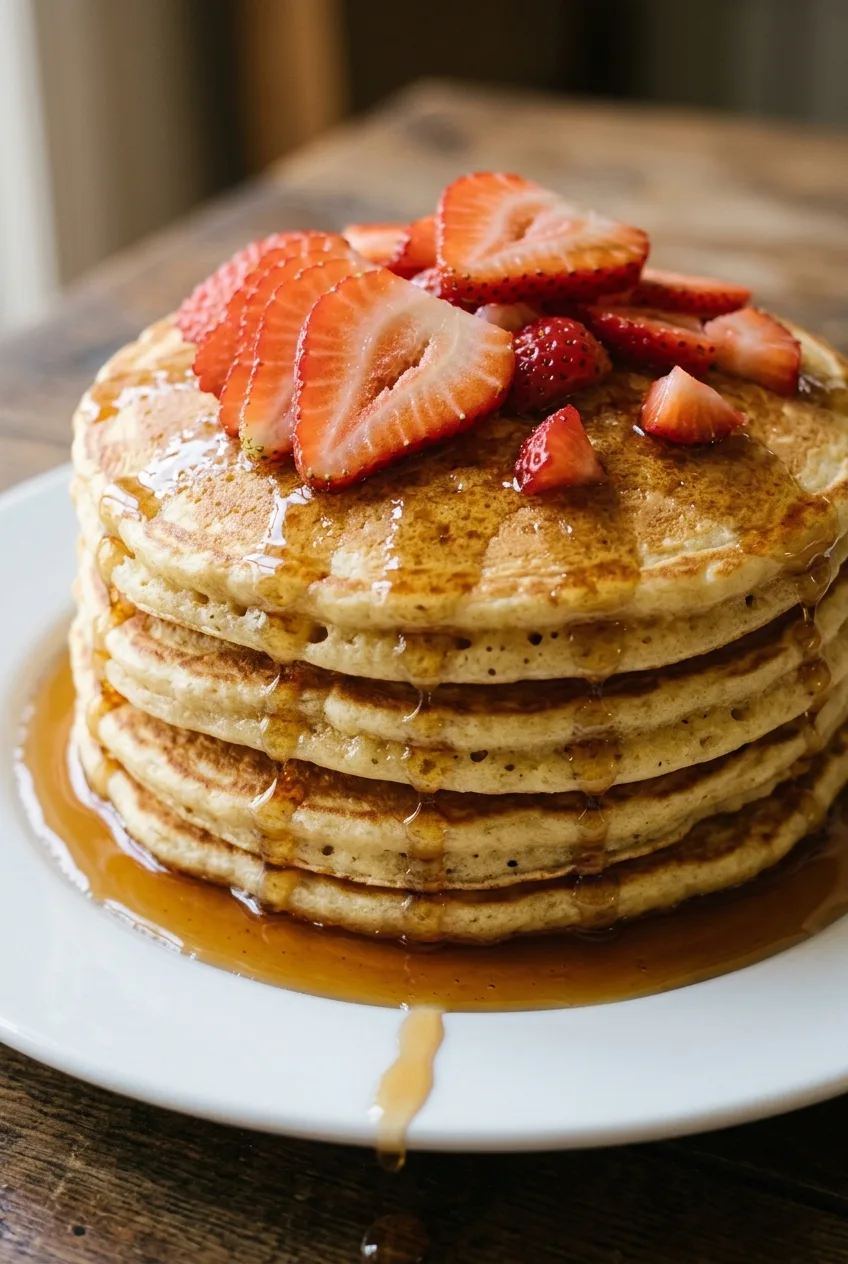 Une pile de pancakes garnie de fines tranches de fraise, le sirop d’érable qui coule le long des bords jusque sur l’assiette.