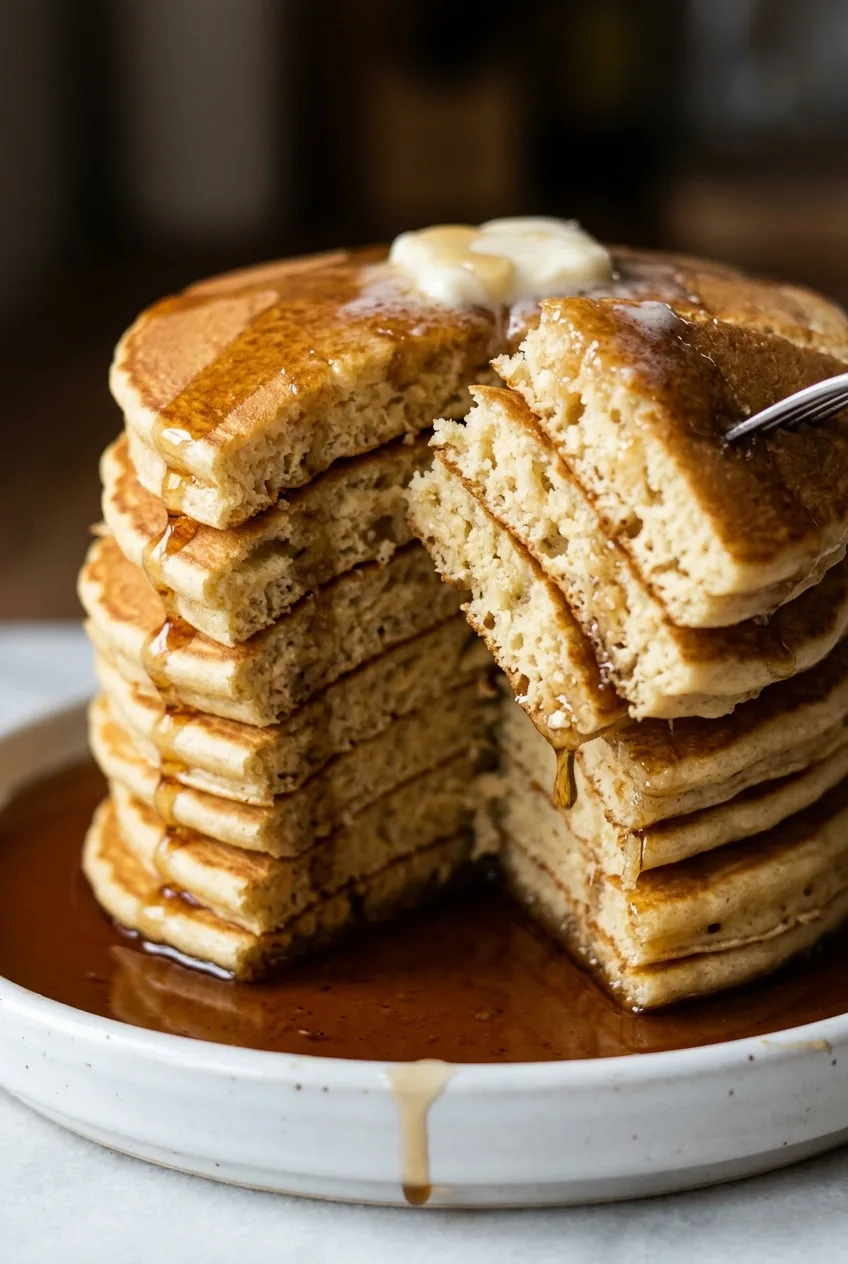Une pile de pancakes moelleux, la tranche du dessus légèrement soulevée pour montrer la mie aérée, du sirop d’érable qui coule le long des bords.