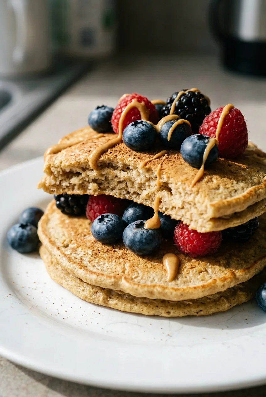 Une pile de pancakes protéinés à l’avoine, des fruits rouges et un filet de beurre de cacahuète dessus.