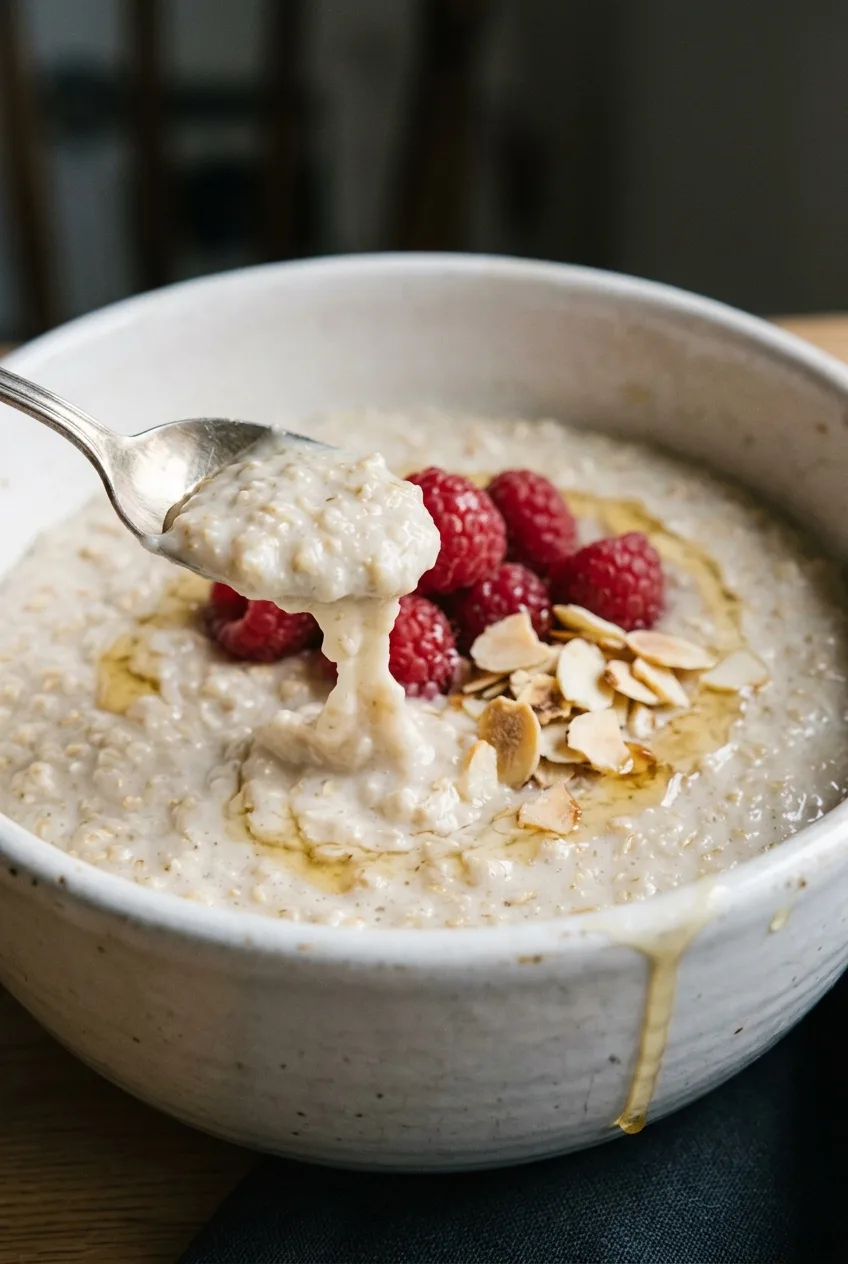 Bol de porridge crémeux aux flocons d’avoine, garni de fruits rouges, d’amandes effilées et d’un filet de miel
