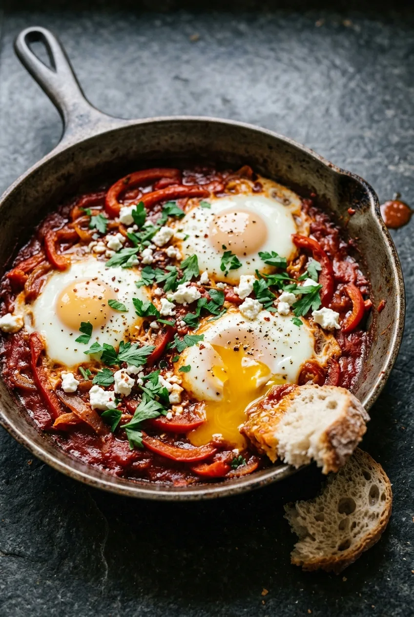 Shakshuka dans une poêle en fonte, quatre œufs pochés au jaune coulant dans une sauce tomate-poivrons épaisse, persil et feta émiettée