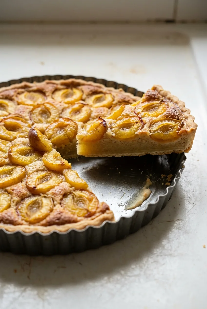 Tarte aux mirabelles amandine entière dans son moule cannelé, une part soulevée qui laisse voir la pâte, la crème d'amande et les demi-mirabelles dorées